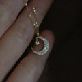 Gold Crescent Moon Star Pave Clear Pendant Necklace view 1