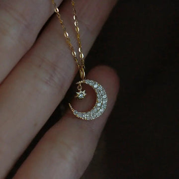 Gold Crescent Moon Star Pave Clear Pendant Necklace