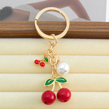 Cherry Pendant Keychain With Faux Pearl And Metal Leaf Charm