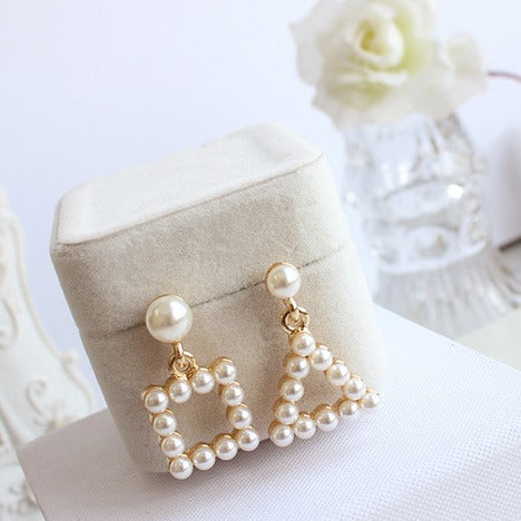Open Triangle Pearl Look Gold Tone Dangle Stud Earrings