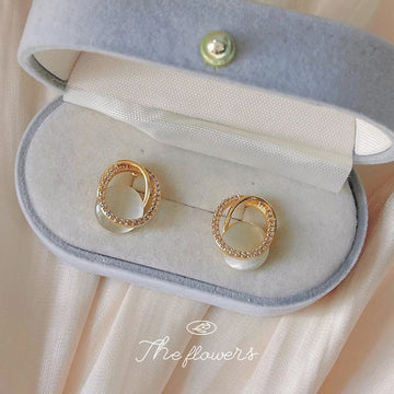 Gold CZ Pave Oval Frame White Cat Eye Stud Earrings
