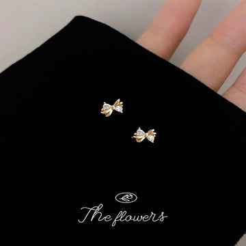 Mini Gold-Tone Bow Stud Earrings Clear Crystal Wings