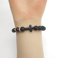 Matte Black Bead Cross Red Wood Accent Stretch Bracelet view 3