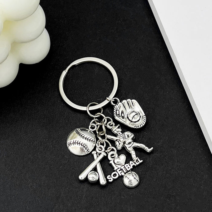 Four Sport Ball and Gear Charm Keychains with Metal Hardware