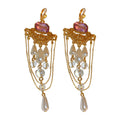 Purple Crystal Pearl Chain Chandelier Earrings in Gold Tone view 5