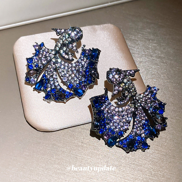 Blue Crystal Koi Fish Statement Stud Earrings with Fringe