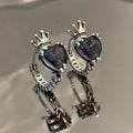 Silver Tone Crown Heart Mystic Rainbow Hoop Earrings view 1