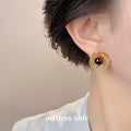 Gold Tone Radiating Openwork Black Round Stone Stud Earrings view 2