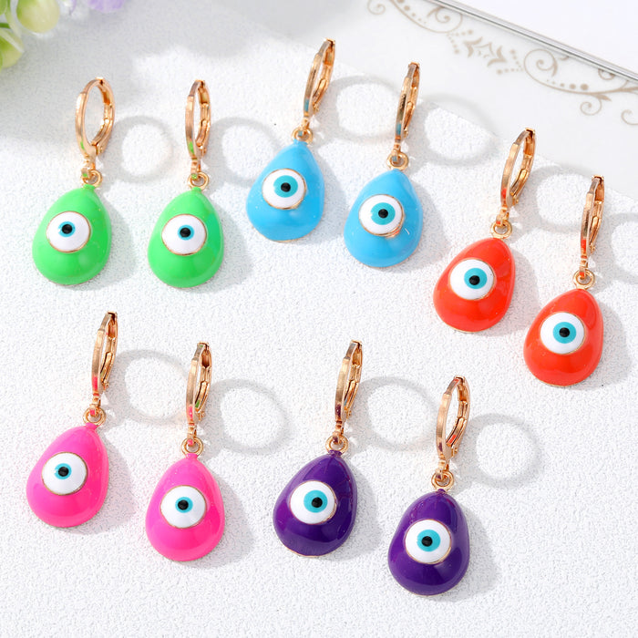 Gold Tone Colorful Teardrop Evil Eye Huggie Drop Earrings