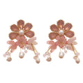 Pink Floral Pearl Tassel Stud Earrings Fashion Jewelry view 5