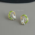 Gold Tone Green Leaf White Cat And Orchid Scene Stud Earrings view 1