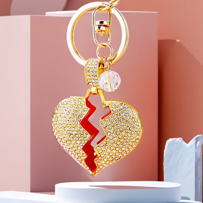 Two Piece Crystal Broken Heart Keychains in Gold and Silver Tone