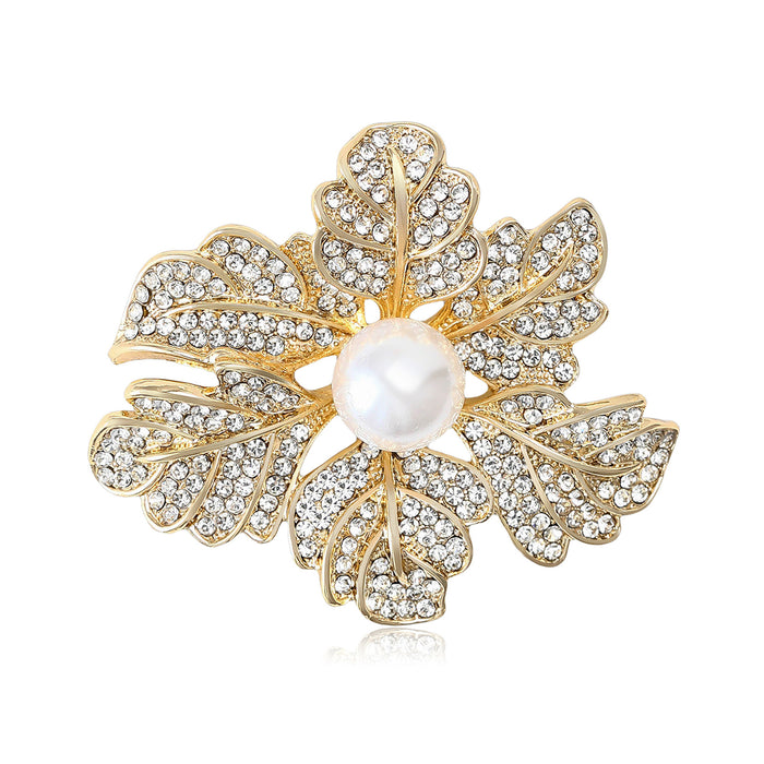 Crystal Leaf Cluster Brooch With Central Pearl and Openwork Petals