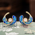 Gold Tone Blue Enamel Feather Pearl Look Stud Earrings view 4