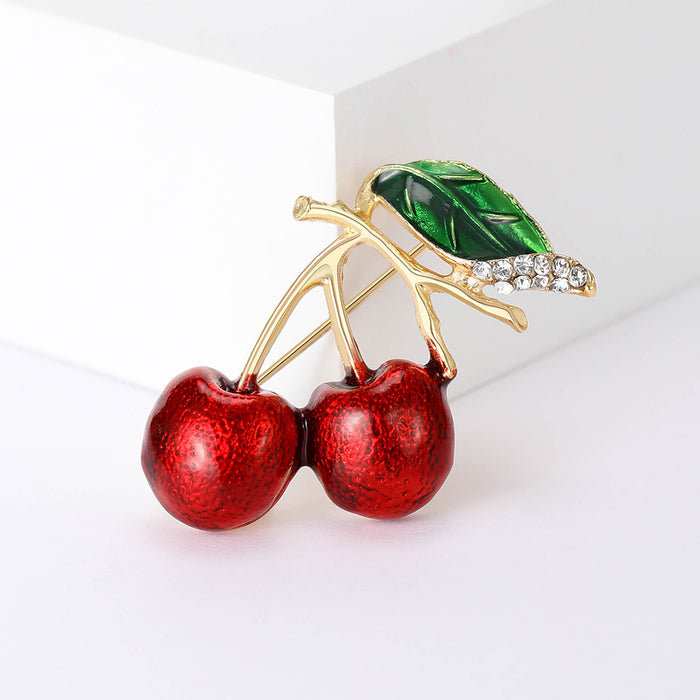 Red Double Cherry Enamel Brooch With Green Leaf and Crystals