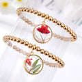 Gold Tone Beaded Clear Resin Pressed Flower Charm Bracelets view 2