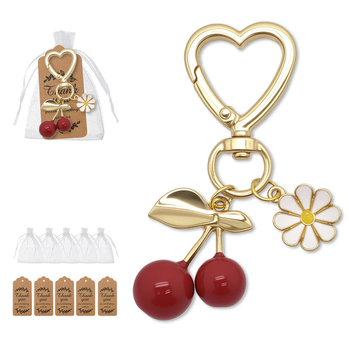 Gold Leaf Cherry Daisy Enamel Heart Clasp Keychain Charm
