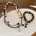 Layered Cream Bead and Cord Necklace Set Gold Accents view 2
