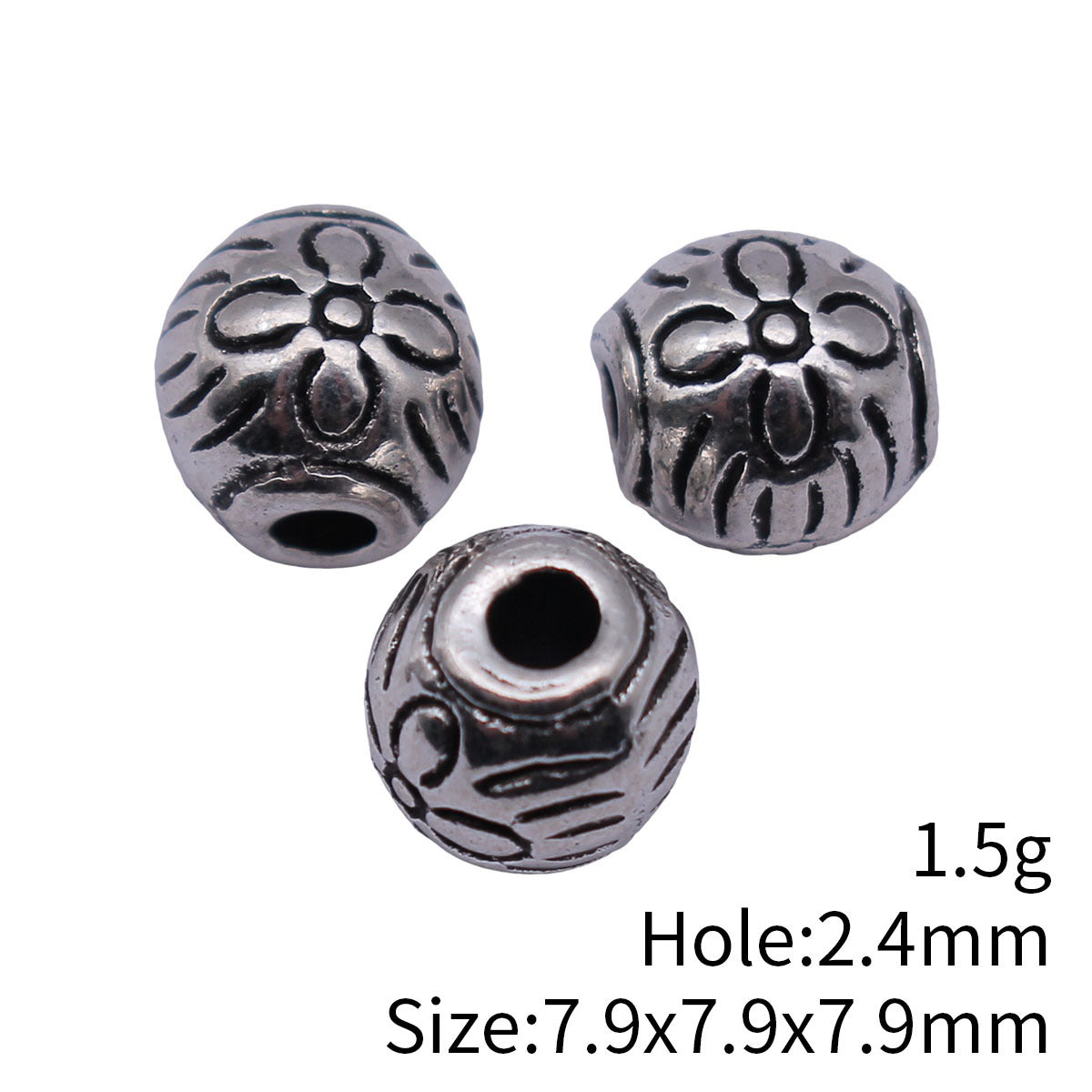 7.9x7.9x7.9mm 1.5g Antique Silver Tone Zinc Alloy Floral Pattern Round Loose Metal Beads for Bracelet DIY Jewelry