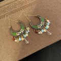 Bohemian Crescent Bead and Teardrop Fringe Long Hook Earrings view 4