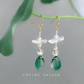 Gold Tone Clear Flower Green Teardrop Long Hook Earrings view 4