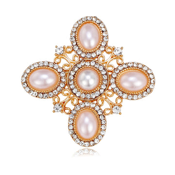 Gold Tone Flower Crystal Pearl Look Metal Brooch Pin
