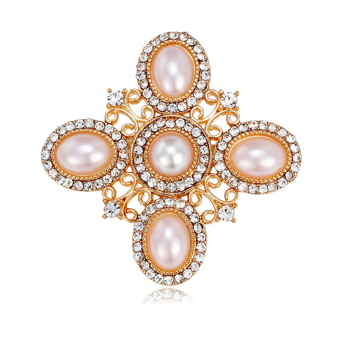 Gold Tone Flower Crystal Pearl Look Metal Brooch Pin