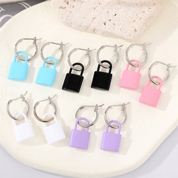 Silver Tone Enamel Padlock Huggie Drop Earrings in Five Colors