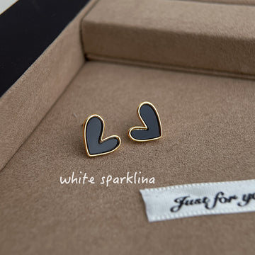 Gold Tone Heart Stud Earrings In Black And White Enamel