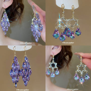 Purple Crystal Chandelier Hook Earrings with Reflective Details
