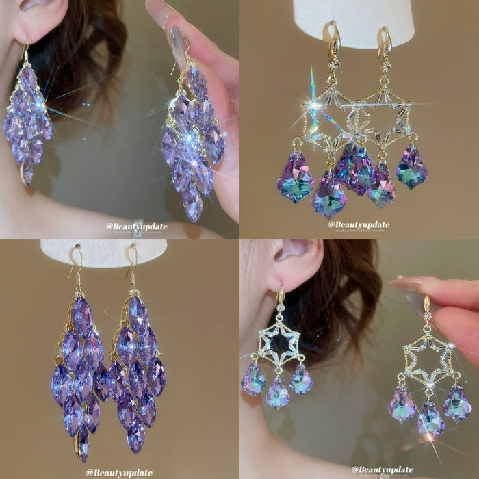 Purple Crystal Chandelier Hook Earrings with Reflective Details