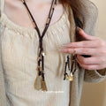 Brown Cord Gold Teardrop Tassel Necklace Bracelet Earrings view 1