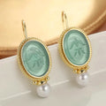 Gold Tone Green Oval Carved Pearl Drop Hook Earrings view 3