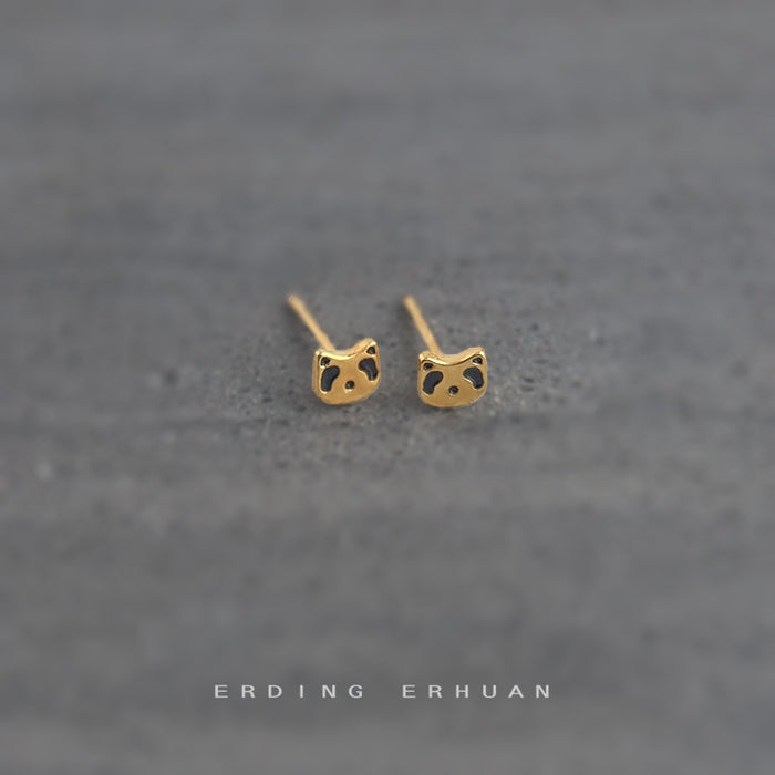 Mini Gold Cat Face Stud Earrings Black Enamel Eyes