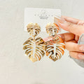 Gold Tone Double Open Monstera Leaf Dangle Stud Earrings view 2