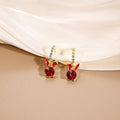 Gold Red Crystal Bunny Rabbit Huggie Hoop Earrings view 4