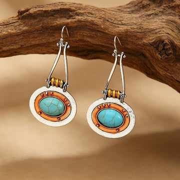 Silver and Copper-Tone Turquoise-Color Disc Drop Earrings