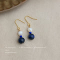 Gold Fishhook Earrings White Shell Dark Blue Stone Drops view 4