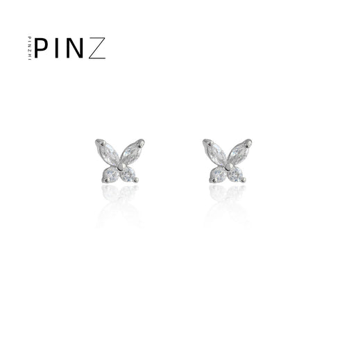 Silver mini butterfly clear zircon studs on white background