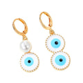 Gold Tone Asymmetric Pearl and Evil Eye Huggie Drop Earrings view 4