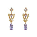 Gold Purple Crystal Long Dangle Earrings Ornate Scroll view 5
