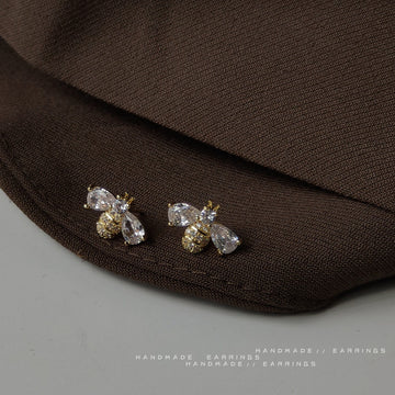 Gold Tone Clear Stone Honey Bee Stud Earrings For Women