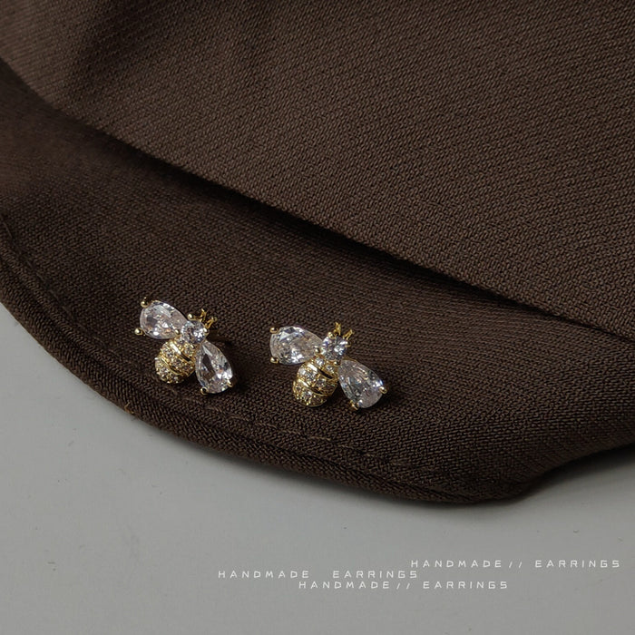 Gold Tone Clear Stone Honey Bee Stud Earrings For Women