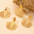 Gold Tone Palm Leaf Fan Drop Earrings Matte Stainless Steel view 3