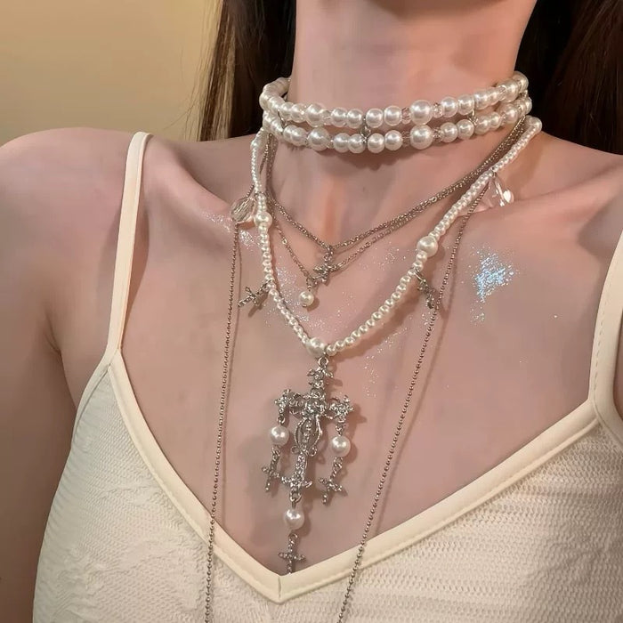Layered Pearl And Crystal Cross Necklace In Two Styles
