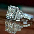 Square White Stone Ring with Stepped Pavé Halo and Band view 2