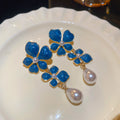 Blue Enamel Floral Cluster and Pearl Drop Stud Earrings view 2