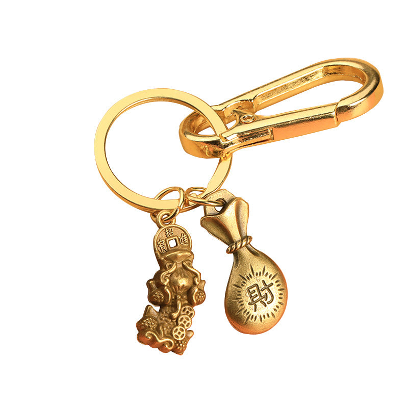 Brass Fortune Gourd Pixiu Keychain Car Key Holder Charm