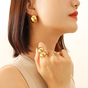 Hollow Chunky C-Shape Stud Earrings Gold Steel Pair