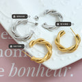 Twisted C-Shape Stud Hoop Earrings Gold Steel Tone Pair view 2